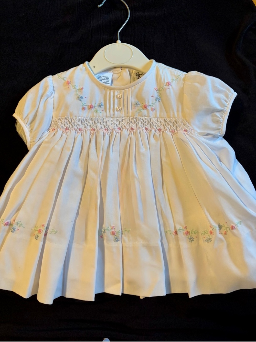 Baby Gorgeous White Hand Embroidered Smocked Dress with Pink & Green Floral Trim